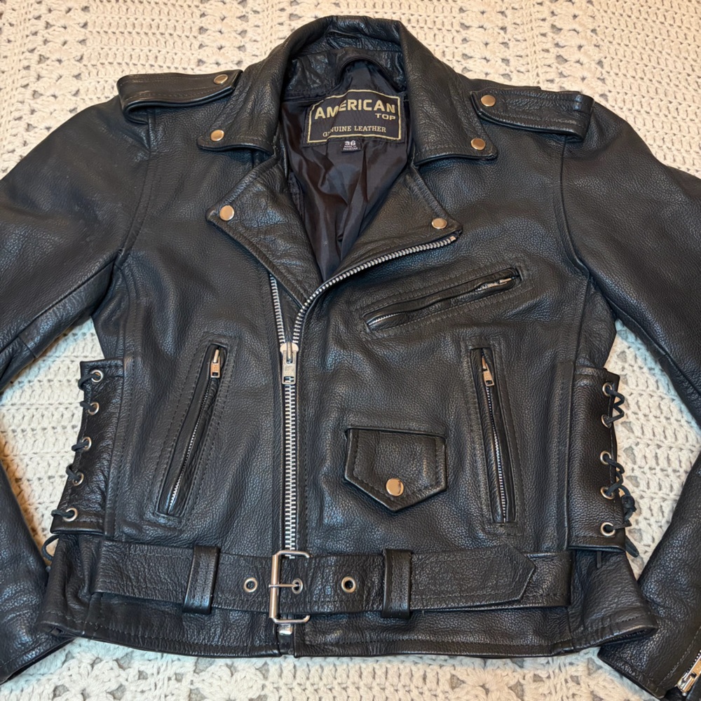 American Top Vintage Black Leather Motorcycle Jacket Size 36 - Unisex - Picture 2 of 16
